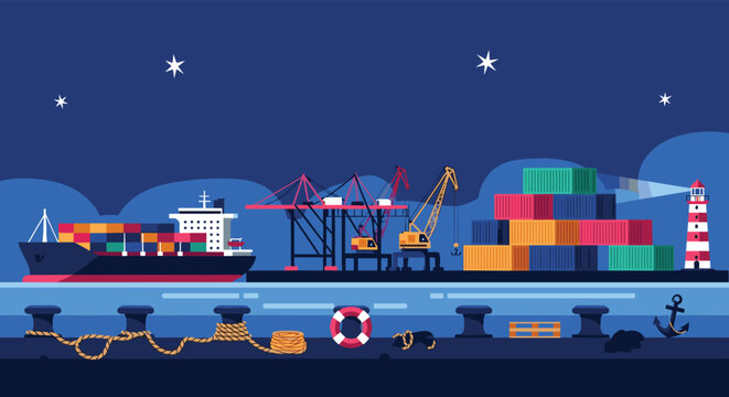 A flat vector illustration of a container ship being loaded by cranes at a bustling seaport at night under a starry sky.