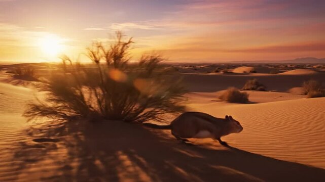 Desert animal hops across sand dunes at sunrise