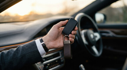 Man holding modern car key fob driving luxury vehicle