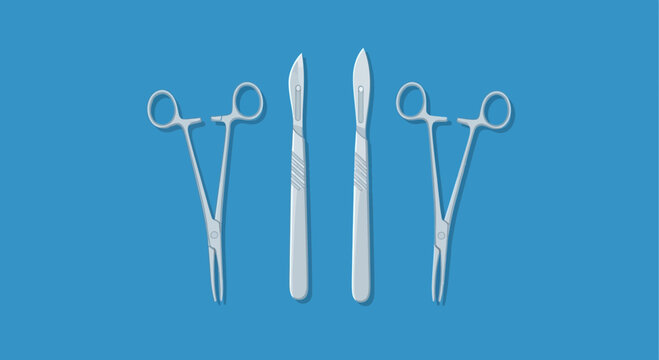 Medical Tools Arranged Neatly On A Blue Surface Illustrating Surgical Instruments