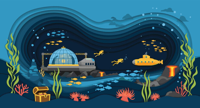 A vibrant pixel art illustration shows a yellow submarine and scuba divers exploring a futuristic underwater research facility near a sunken treasure chest.