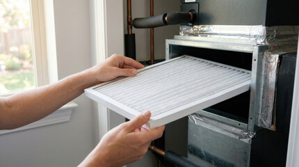 Person replacing hvac air filter for residential unit
