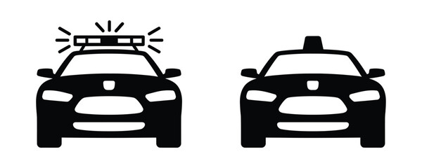 Black silhouettes of police car and taxi with light on top isolated on white background © Rafi GFX