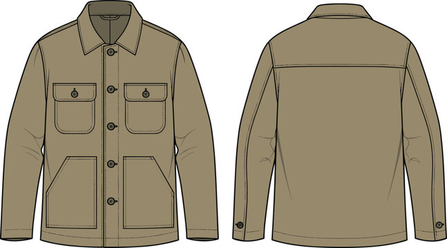 Khaki work jacket vector illustration, front and back view, classic utility coat design, fashion template, technical apparel drawing, isolated clothing mockup