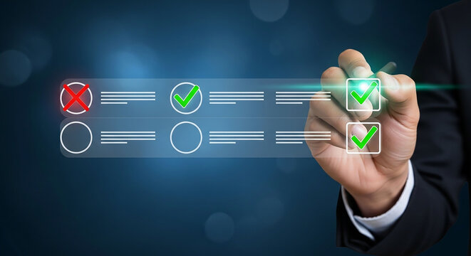 Digital Checklist: A modern perspective of an individual's hand with pen over an interactive checklist, signifying assessment, selection and decision-making. 