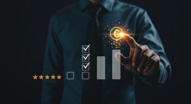 Businessman touching virtual Euro currency icon with growth bar chart and checklist for financial success, investment rating and business quality control concept