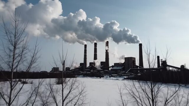Large industrial plant with tall smokestacks belching thick smoke over a snowy landscape, illustrating heavy industry emissions and winter pollution's impact on climate and air quality