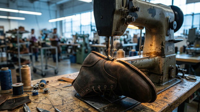 Industrial sewing machine crafting leather boot in workshop