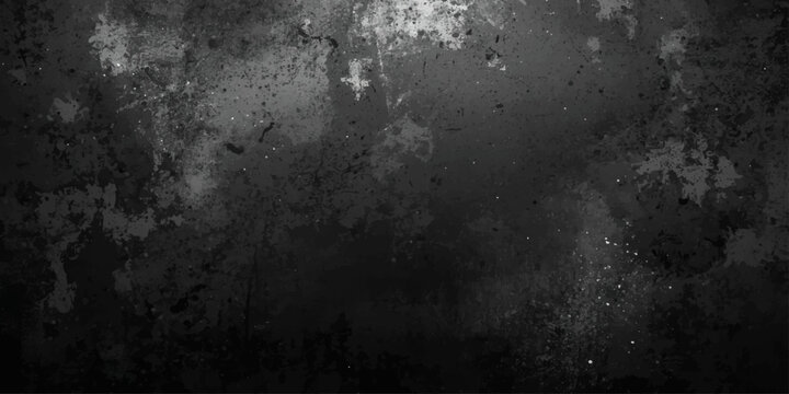 A dark and aged grunge metal wall texture features a rough, dirty concrete surface with vintage rust patterns on a textured gray and black stone material backdrop