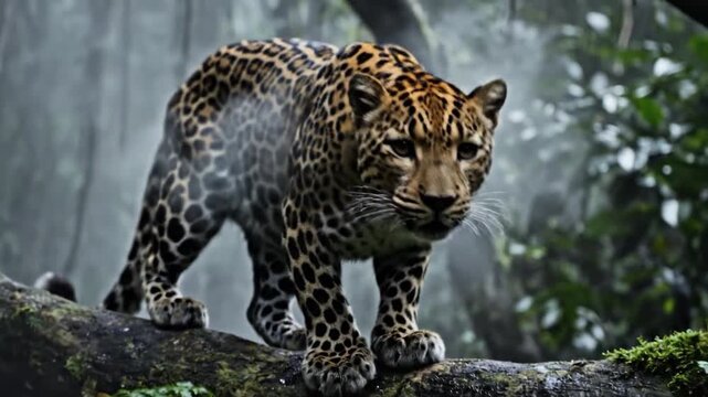 Elusive Clouded Leopard Moving Through Misty Branches