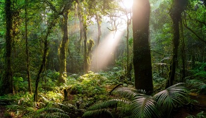 Fototapeta premium sunlight streams through lush greenery within a tropical forest scene