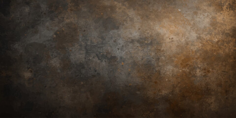 Naklejka premium A dark and grungy vintage backdrop featuring a rough aged surface of old rusty metal texture with a dirty brown pattern on a weathered antique wall material