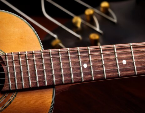 close up guitar fretboard with frets and strings