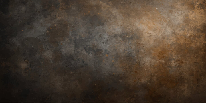 A dark and grungy vintage backdrop featuring a rough aged surface of old rusty metal texture with a dirty brown pattern on a weathered antique wall material