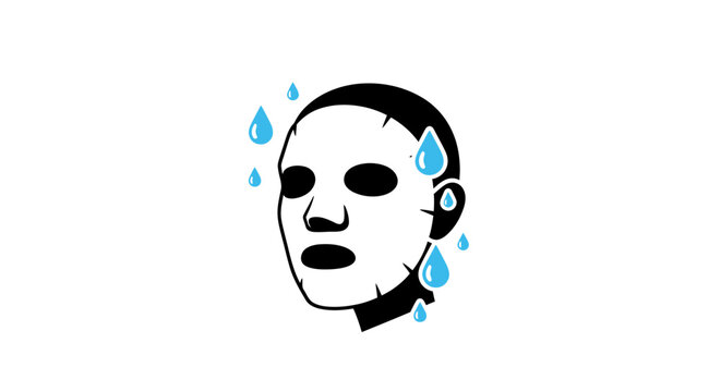 A black and white illustration of a sweating face with blue drops.