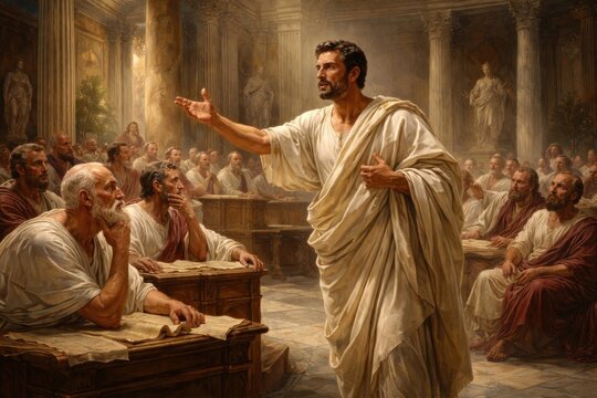 Ancient Roman political debate scene.
