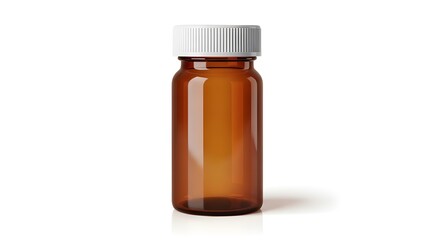 A small amber glass bottle with a white screw-on cap stands alone on a plain white background.