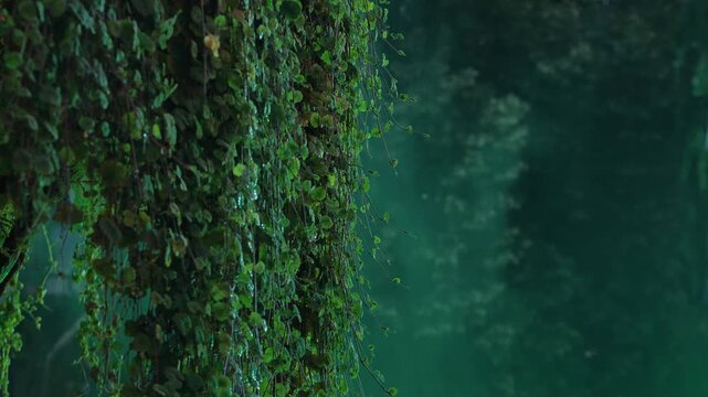 Creeping fig vine with rain droplets cascading down lush green foliage
