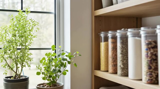 A well-organized pantry with jars, shelves, and vibrant plants near a bright window. The jars are transparent and filled with various food items, complemented by green plants.