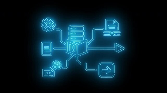 Neon-lit blue flowchart diagram with interconnected icons on a black background, conveying a technological and data-driven mood.