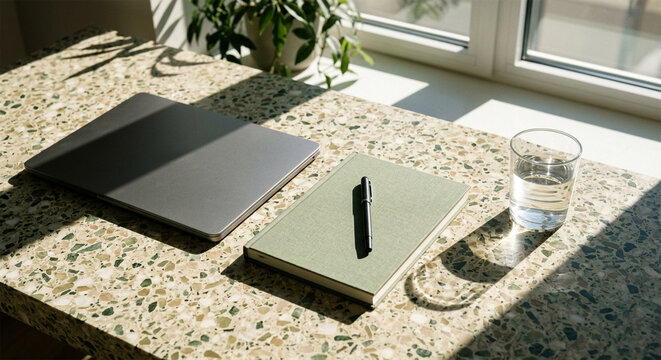 Modern minimalist workspace with laptop, notebook and glass of water stone desk
