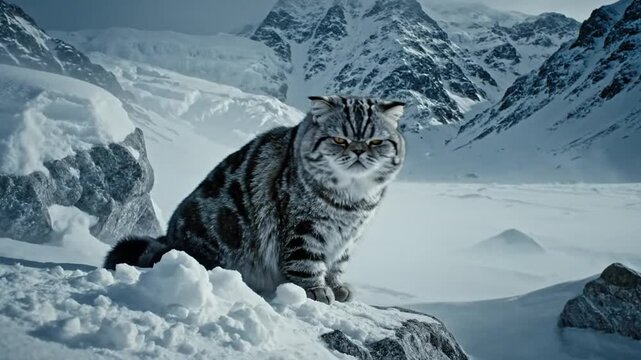 Flat-faced cat surveying a snowy mountain landscape