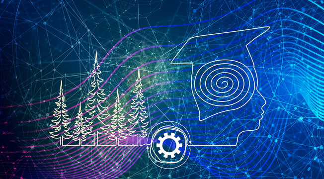 Personal growth and development. Business and education concept. Metaphor of problem solving, chaos and mess, difficult situation. Deep forest and order spiral in head of male student.