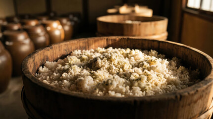 Koji rice fermenting in traditional wooden vat