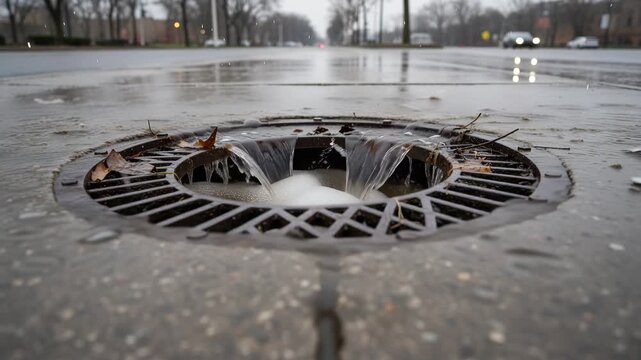Stormwater runoff flowing into a drain on the asphalt road surface