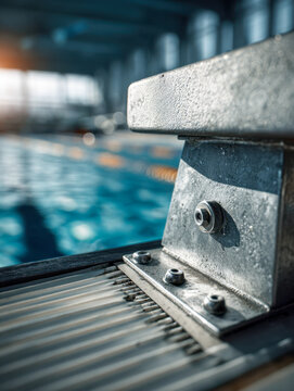 Focus on the metal starting block at the edge of an indoor swimming pool with blurred water lanes in the background and soft lighting effects