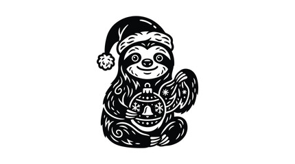 Fototapeta premium A cute cartoon sloth in a Santa hat holds a Christmas ornament. A festive black and white vector character for holiday greetings, prints, and winter seasonal design projects.