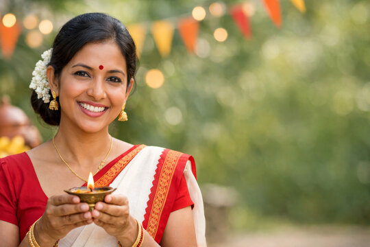 Woman in saree holding oil lamp. Celebration of Aluth Avurudu festival. Sri Lankan New Year.