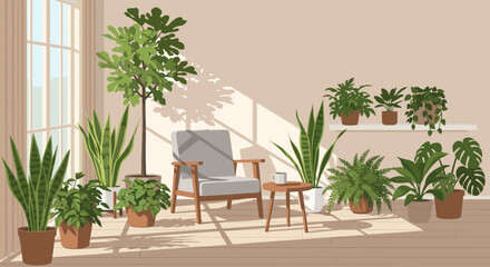 Fototapeta premium Sunlit indoor plant corner with armchair and potted greenery in minimal flat illustration style, cozy home interior concept for urban jungle lifestyle, relaxation space and botanical design