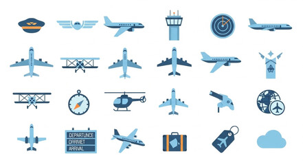 Collection of Aviation and Airplane Icons in Blue Tones. © Hanif