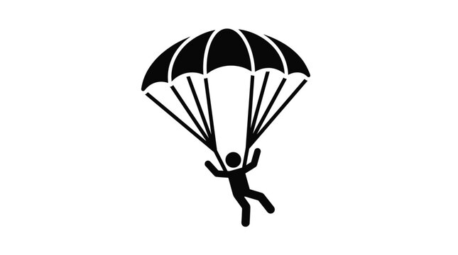 A simple black silhouette icon of a person parachuting. This minimalist vector graphic represents skydiving, extreme sports, freedom, and taking a risk.