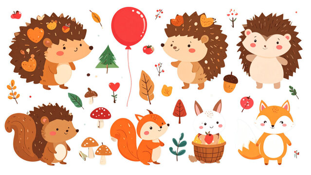 Cute cartoon forest animals set featuring hedgehogs with heart cookie squirrel holding red balloon and white fox in flat vector sticker style