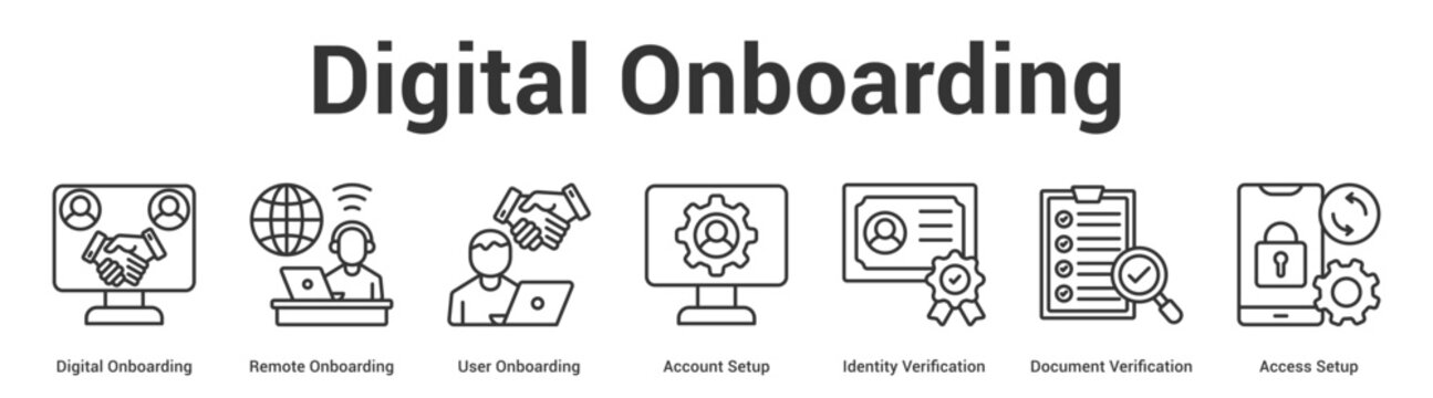 Digital Onboarding web banner icon set vector illustration concept for business with icon of Digital Onboarding, Remote Onboarding, User Onboarding, Account Setup, Identity Verification, Docum.