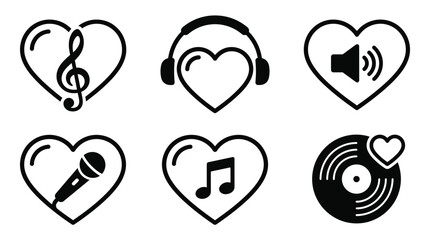 A collection of six simple black vector icons symbolizing a love for music. Includes heart, note, headphones, and vinyl symbols. Perfect for web, app, or logo design.