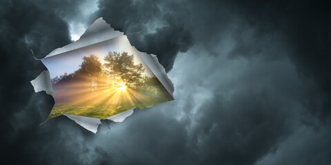 Naklejka premium Change concept, turning pollution page revealing nature landscape, changing reality, hope inspiration to environmental protection and environmental campaign