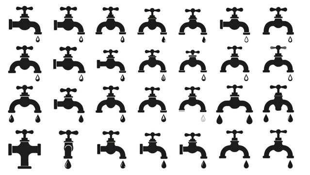 Set of various modern and retro water faucet and tap icons, emphasizing plumbing and water conservation.