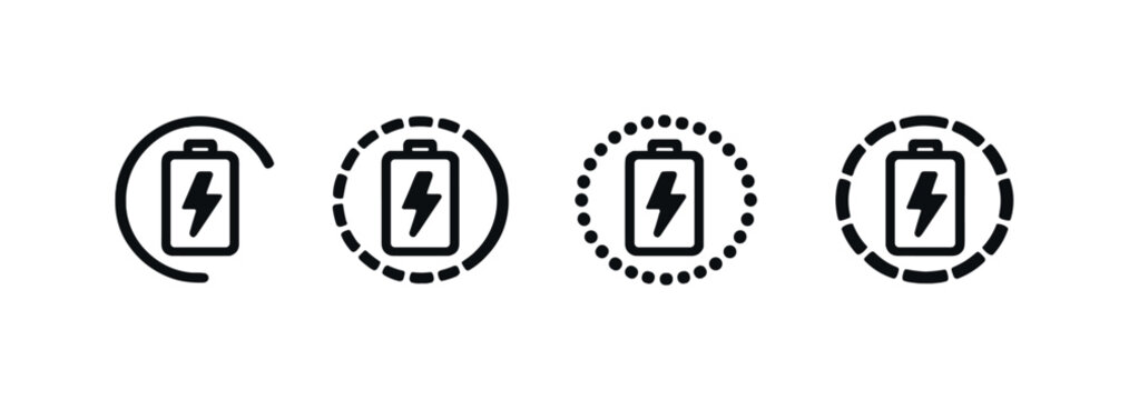 Minimal battery charging status icons showing different progress rings on a gray gradient background, symbolizing power, energy level, and recharge indicators