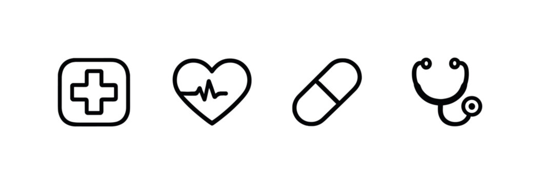 Minimal black line healthcare icons on a dark blurred background featuring first aid, heart rate, capsule medicine, and stethoscope symbols