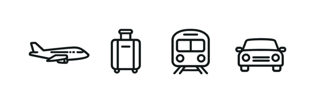 Minimal black transportation icons set showing airplane, rolling suitcase, train front, and car silhouette on a dark gray background for travel concepts