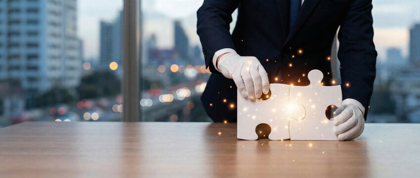 Businessman joining puzzle pieces with sparkles