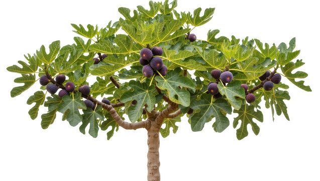 Isolated fig tree bearing abundant ripe purple fruits amidst lush green leaves, natural healthy plant.