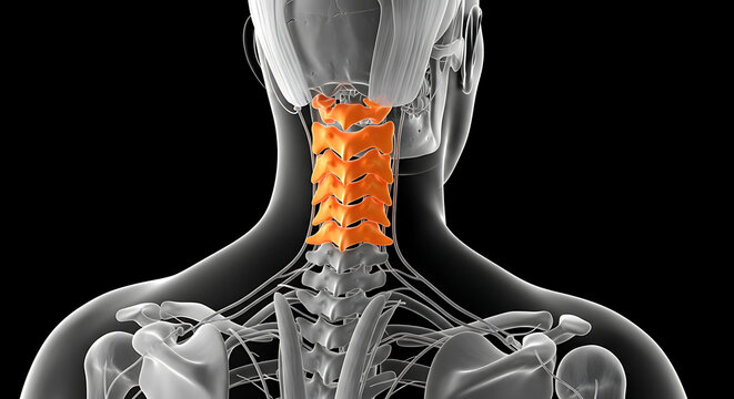 Anatomical illustration of the human cervical spine, highlighting the vertebrae and surrounding structures