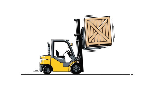 Yellow Forklift Truck Lifting Wooden Crate.