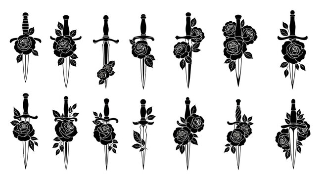 Gothic Dagger and Rose Tattoo Designs, Black and White Vector Set