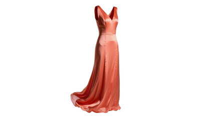 Isolated elegant peach satin evening gown on mannequin, long formal dress design