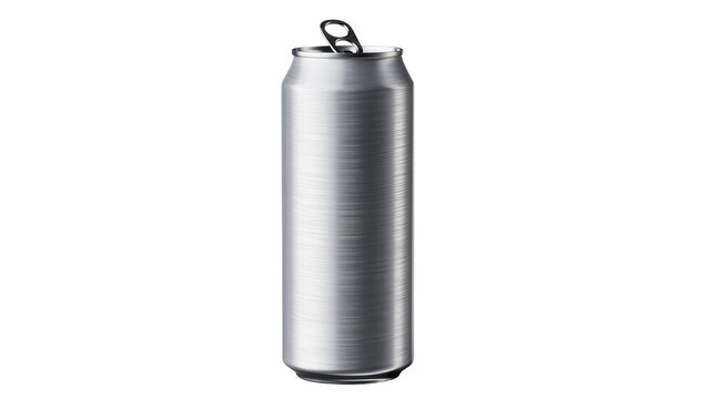Isolated brushed aluminum soda can with an open pop-top tab, ready for refreshment.